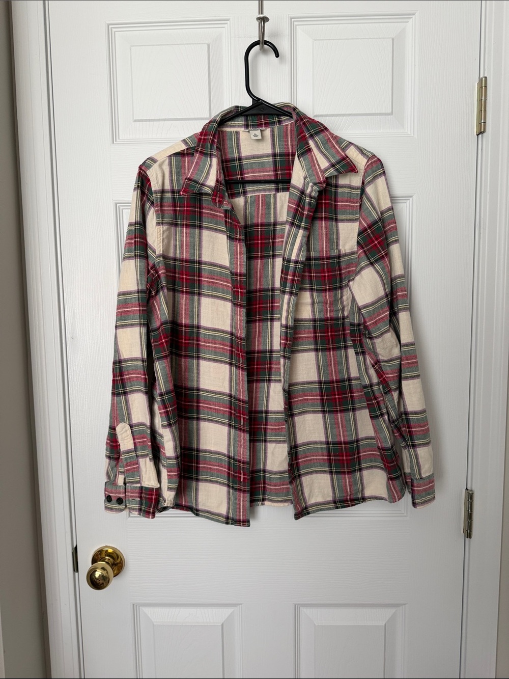 L.L. Bean Cream Plaid Shirt Jacket with Red & Green Trim
